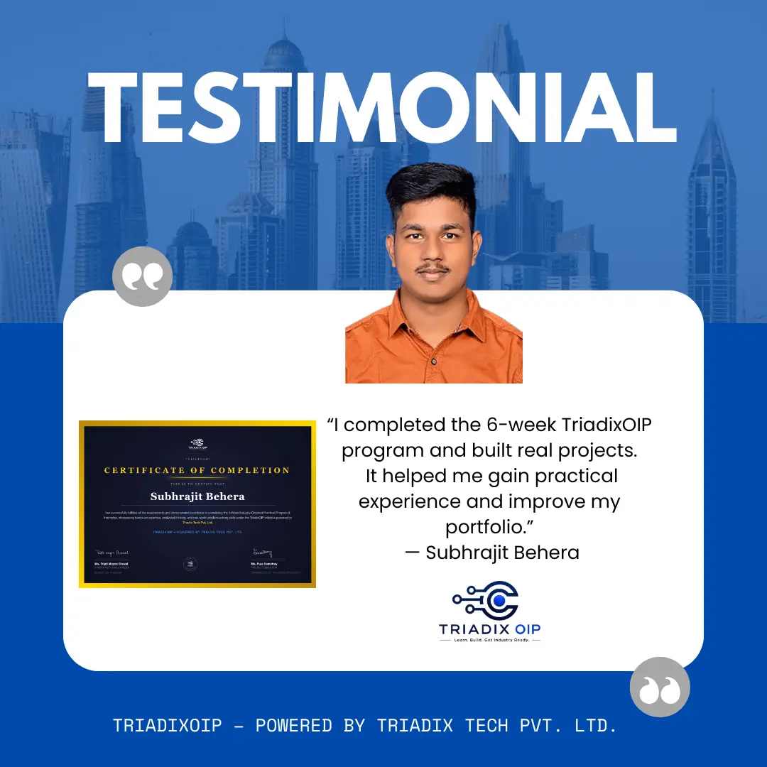 TriadixOIP web development and Gen AI internship student testimonial review poster 1