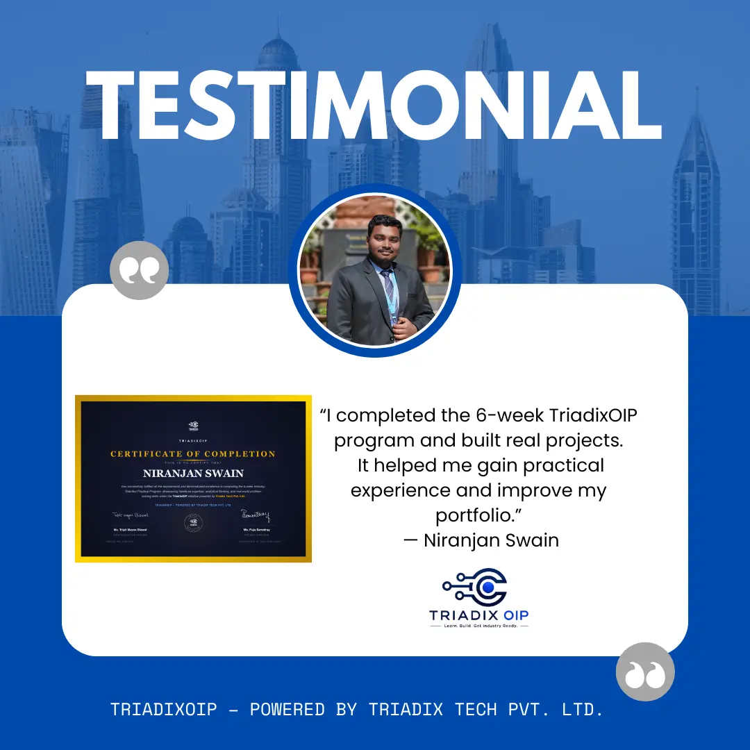 TriadixOIP web development and Gen AI internship student testimonial review poster 2