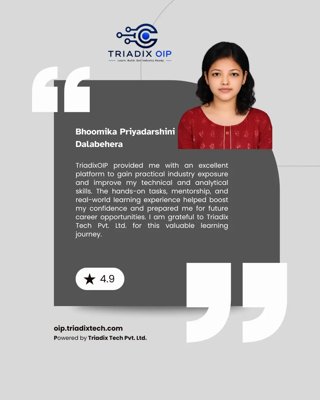 TriadixOIP web development and Gen AI internship student testimonial review poster 3