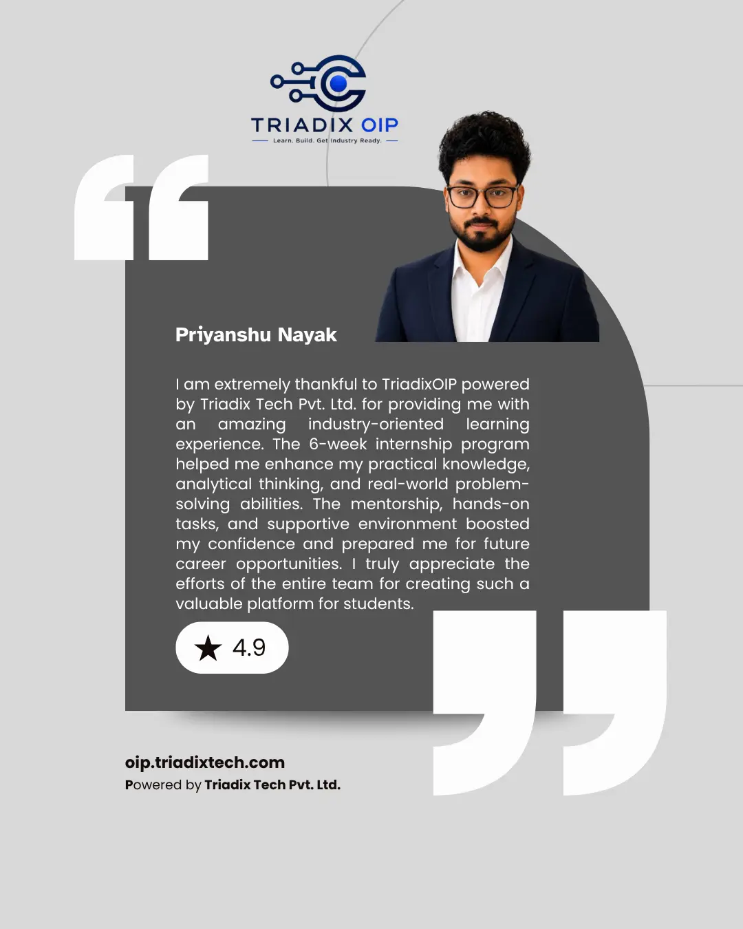 TriadixOIP web development and Gen AI internship student testimonial review poster 4