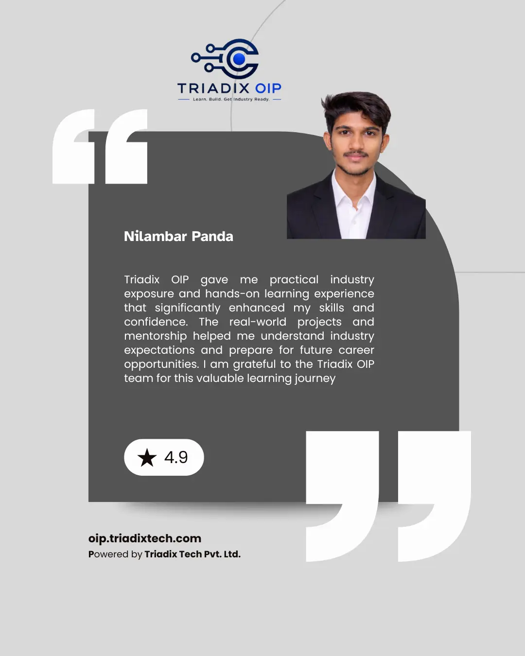 TriadixOIP web development and Gen AI internship student testimonial review poster 5