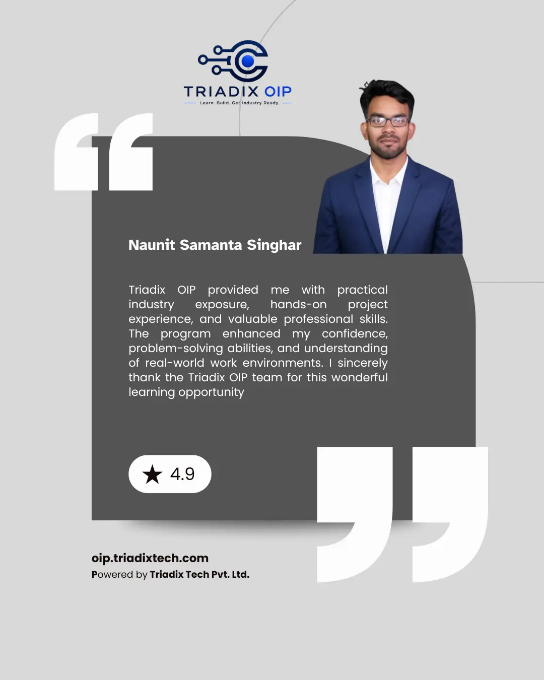 TriadixOIP web development and Gen AI internship student testimonial review poster 6