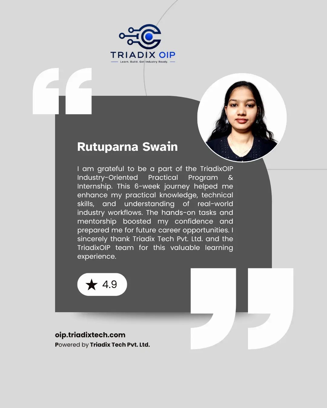 TriadixOIP web development and Gen AI internship student testimonial review poster 7