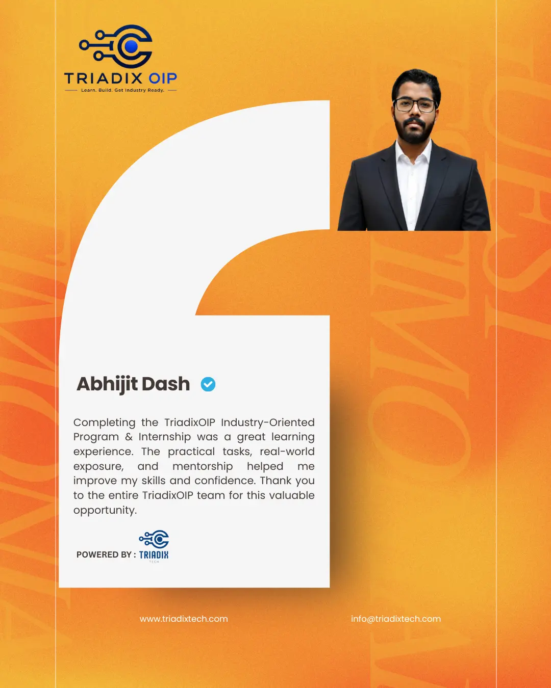 TriadixOIP web development and Gen AI internship student testimonial review poster 9